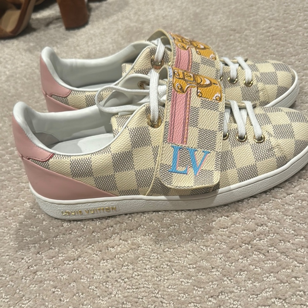 Louis Vuitton Women Checkered Sneakers - Pink and Gold Accents - Picture 4 of 6